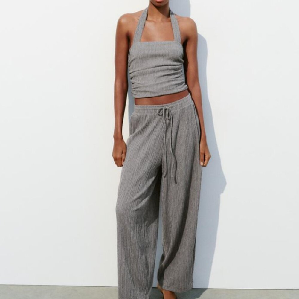ZARA Textured Halter Top & Voluminous Pants Set (Sold Together!) | Black | Large